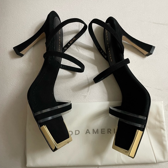 NIB Good American The Standout Square Toe Sandal Heels in Black Suede Size 9 - Picture 7 of 14